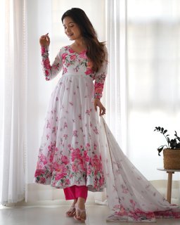 Festival Wear White Color Heavy Soft Organza Silk Gown For Girls