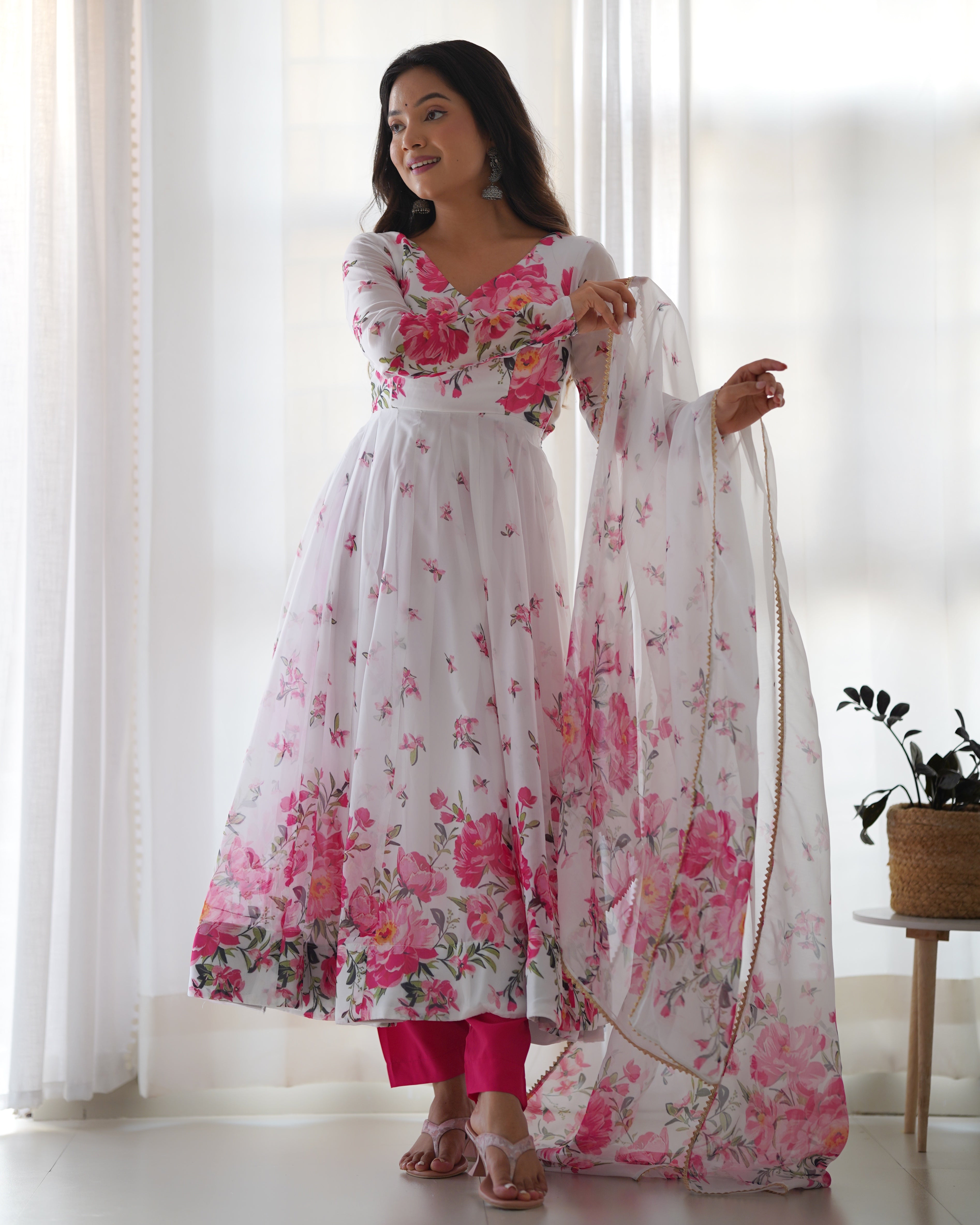 Festival Wear White Color Heavy Soft Organza Silk Gown For Girls