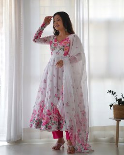 Festival Wear White Color Heavy Soft Organza Silk Gown For Girls