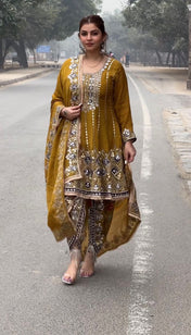 Wedding Wear Mustard Yellow Color Georgette Gown For Girls