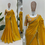 Wedding Wear Yellow Color Jimmy Chu Saree For Girls