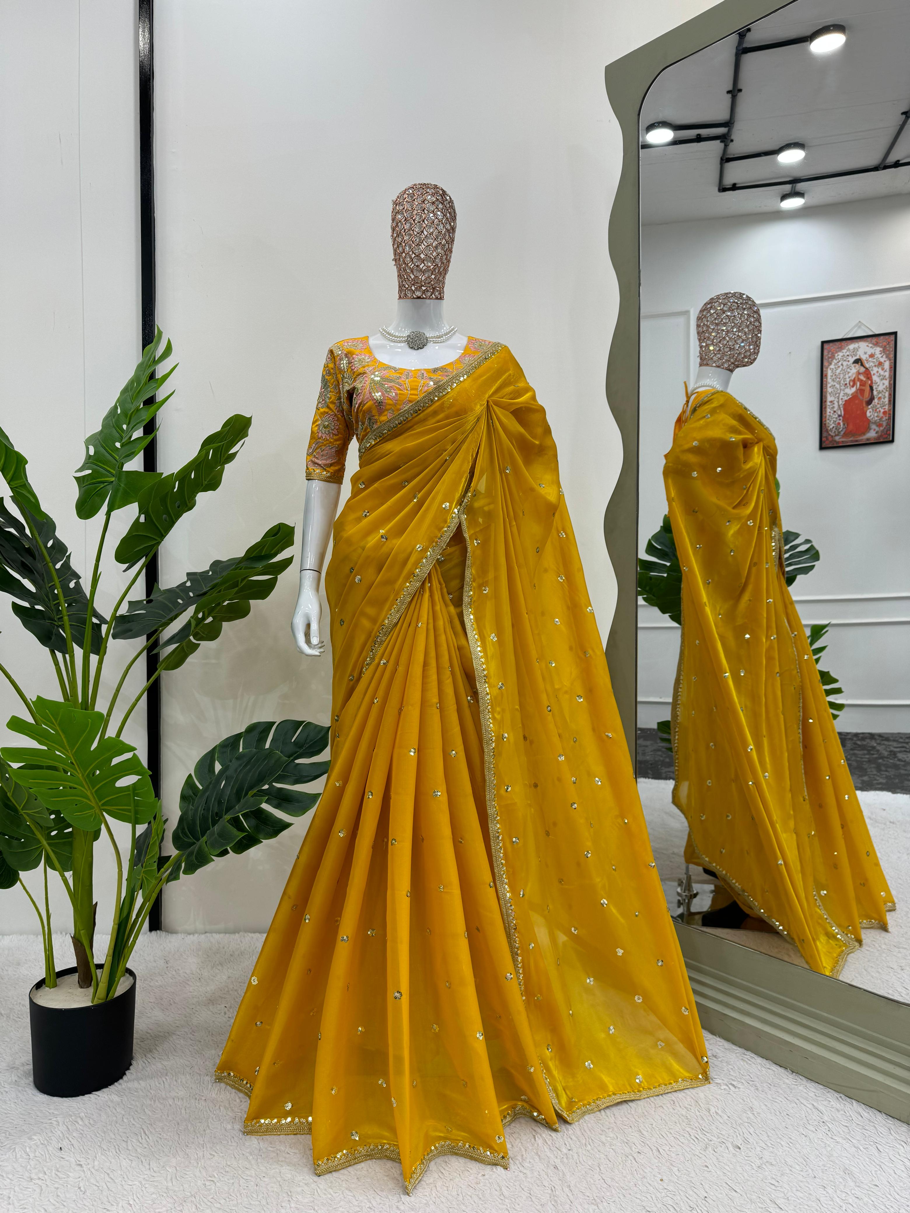 Wedding Wear Yellow Color Jimmy Chu Saree For Girls