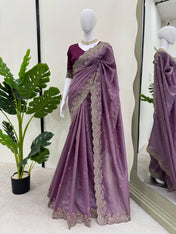Party Wear Purple Color Crunchy Silk Saree For Girls