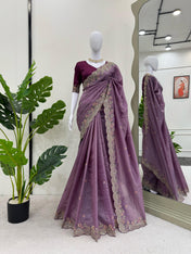 Party Wear Purple Color Crunchy Silk Saree For Girls