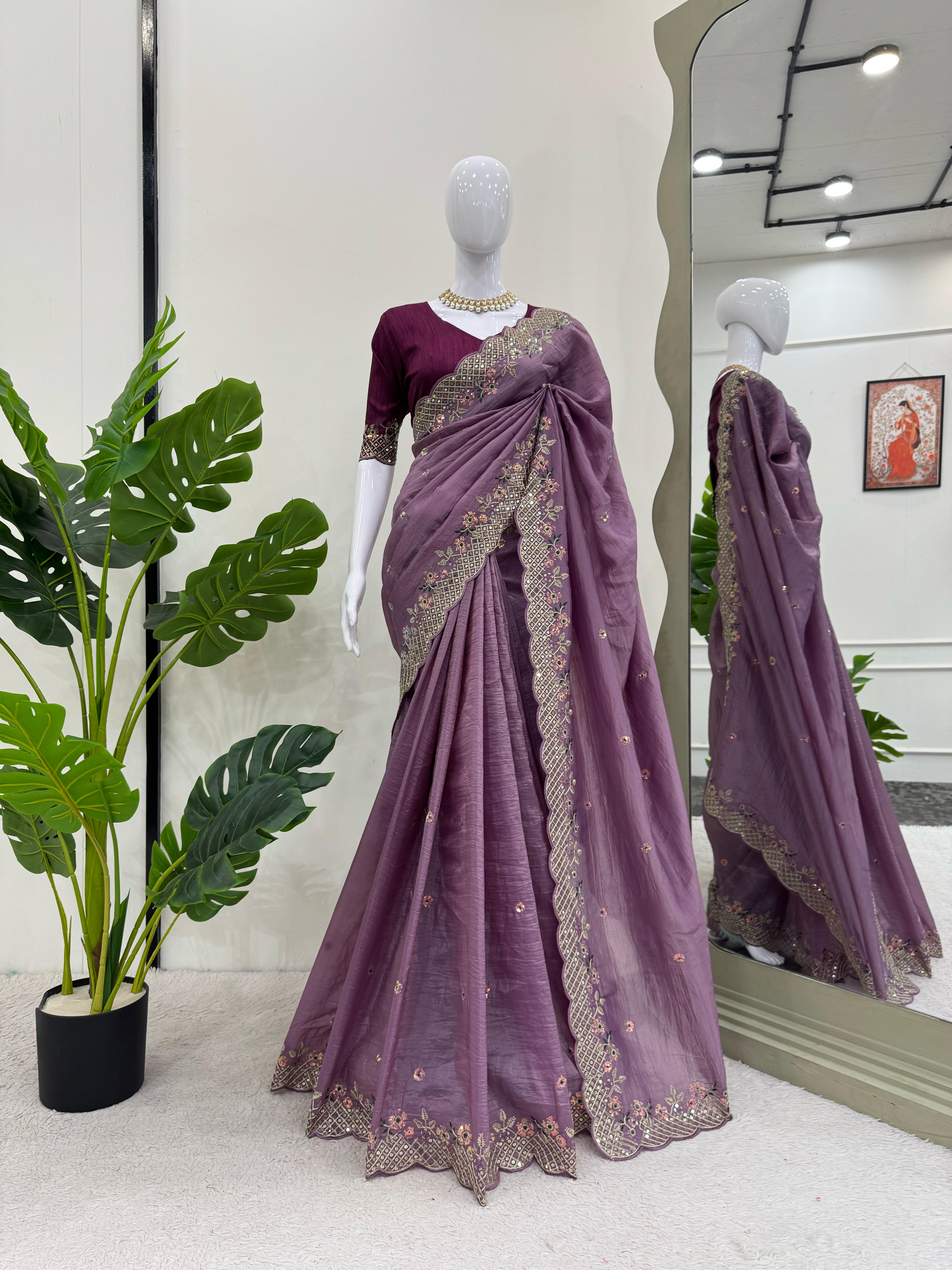 Party Wear Purple Color Crunchy Silk Saree For Girls