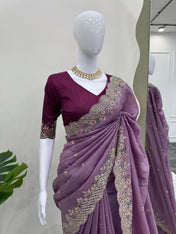Party Wear Purple Color Crunchy Silk Saree For Girls