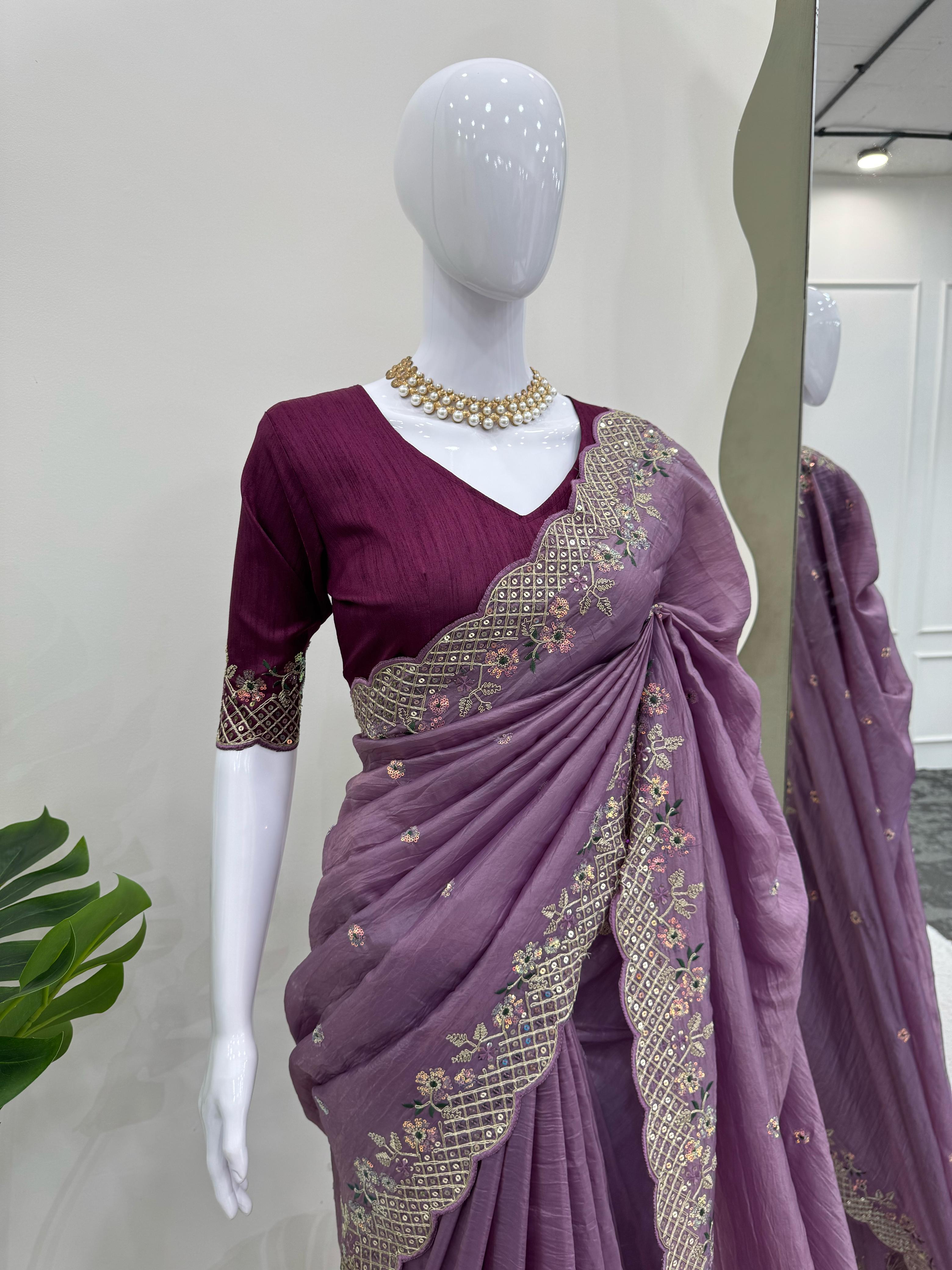 Party Wear Purple Color Crunchy Silk Saree For Girls