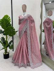 Wedding Wear Peach Color Havy Tibby Silk Saree For Women