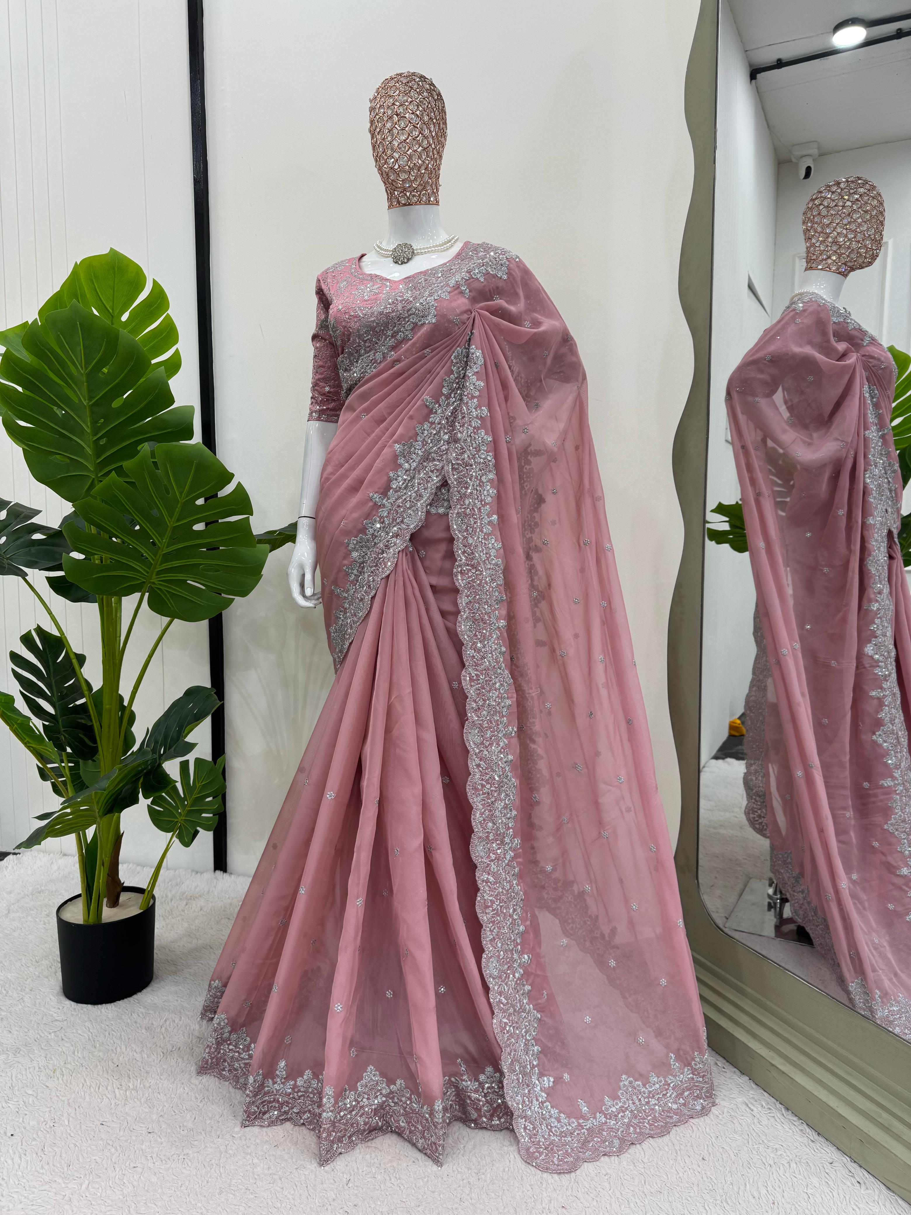 Wedding Wear Peach Color Havy Tibby Silk Saree For Women