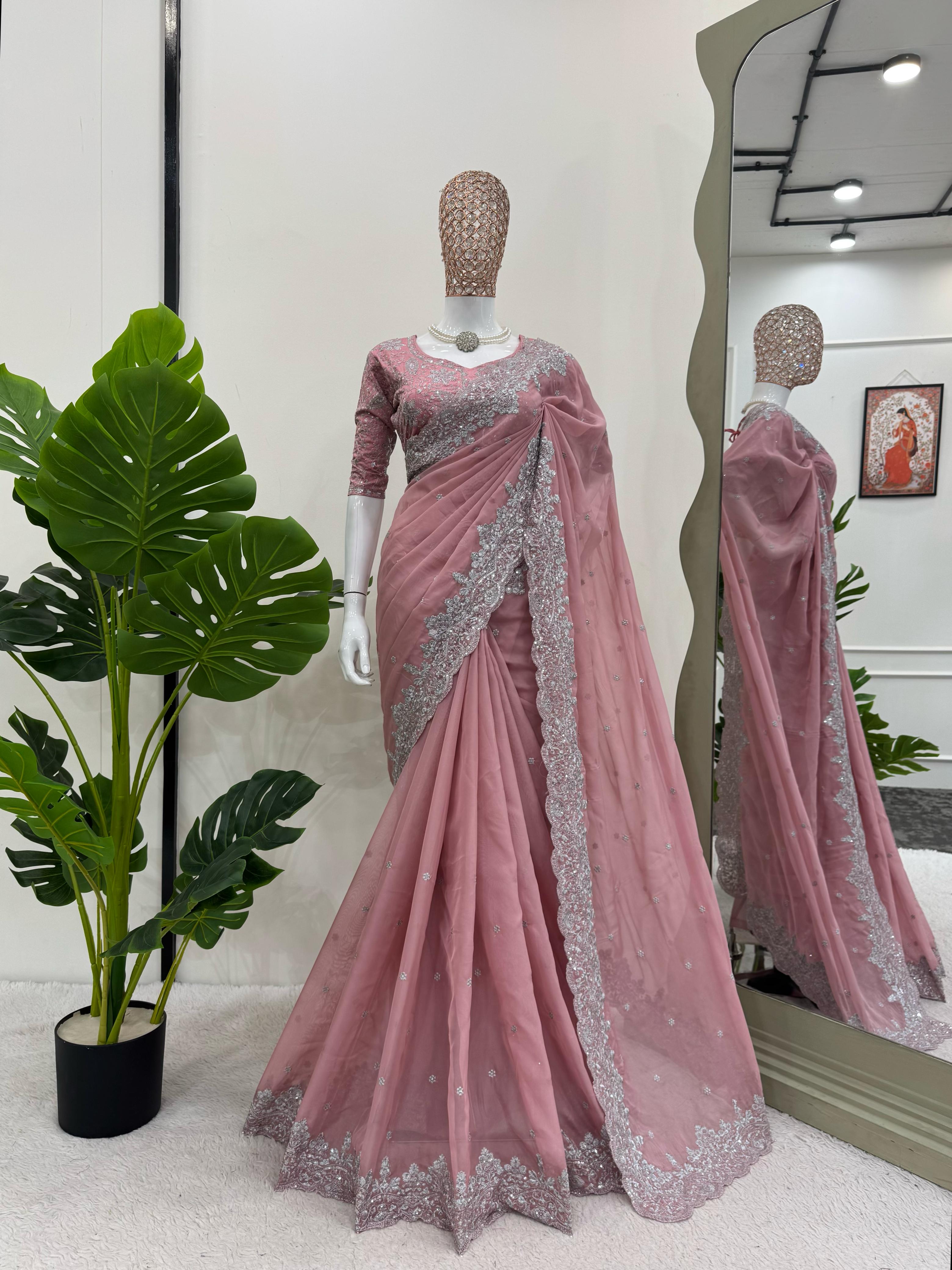 Wedding Wear Peach Color Havy Tibby Silk Saree For Women