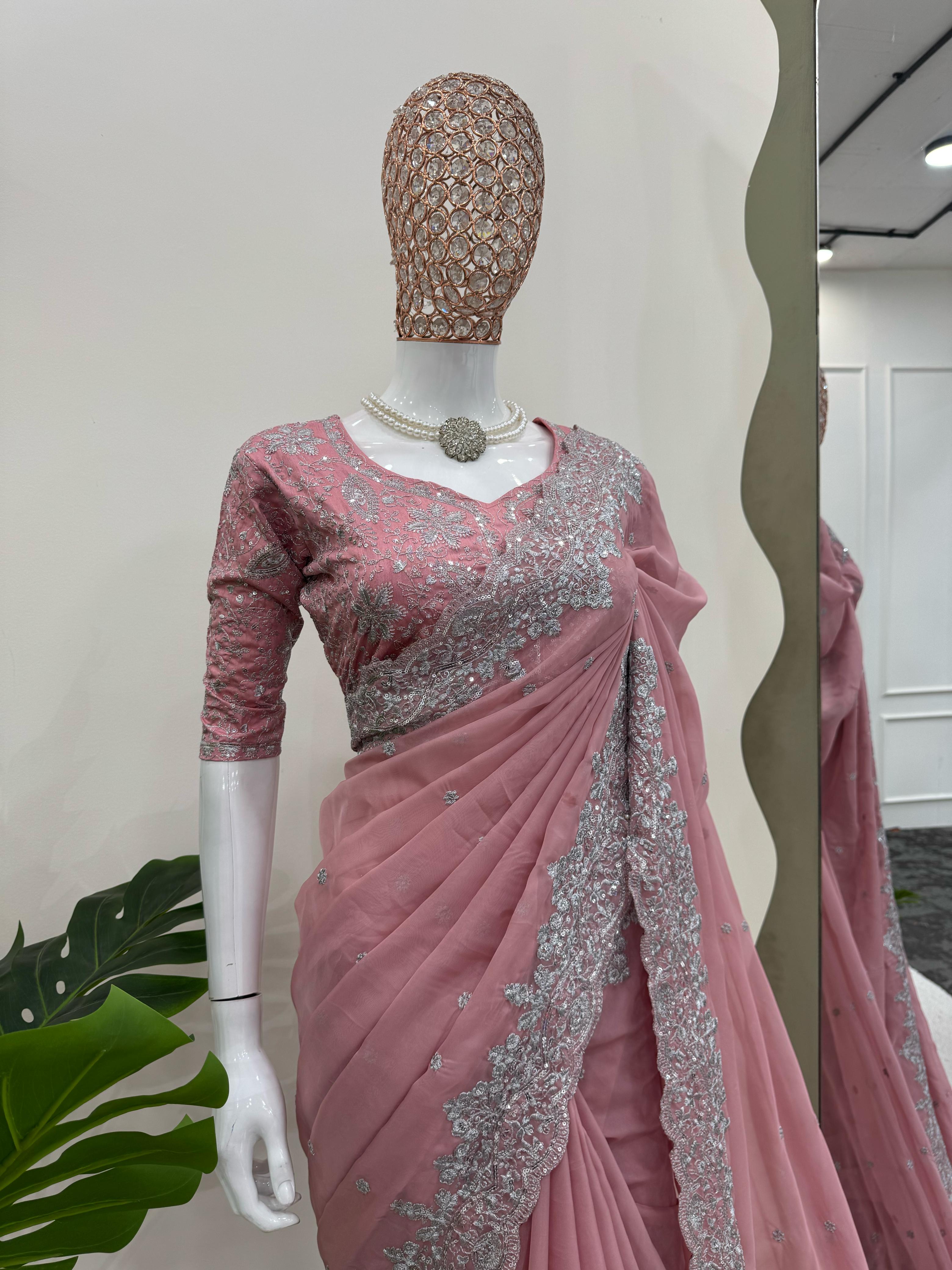 Wedding Wear Peach Color Havy Tibby Silk Saree For Women