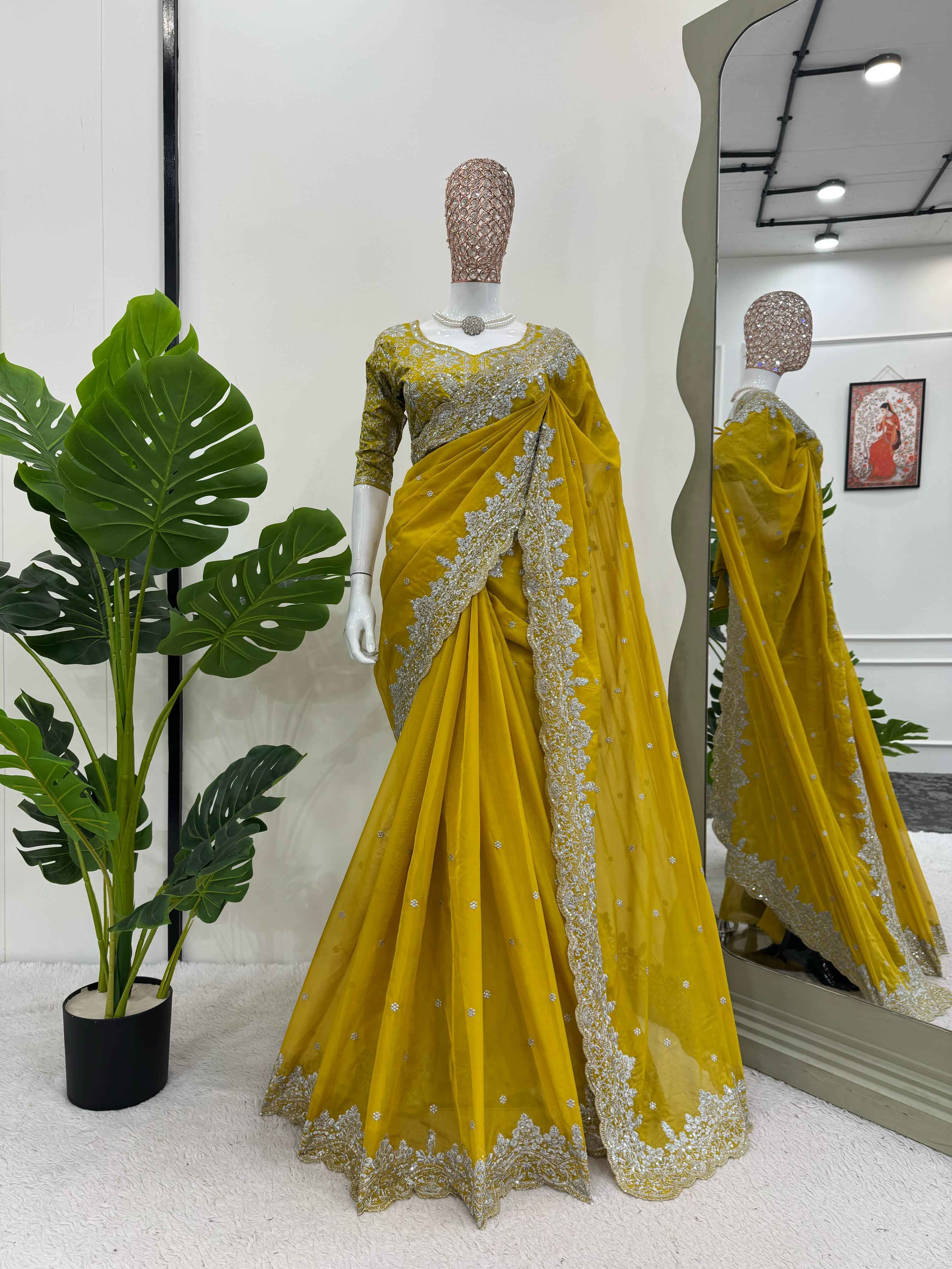Wedding Wear Mustard Yellow Color Havy Tibby Silk Saree For Women