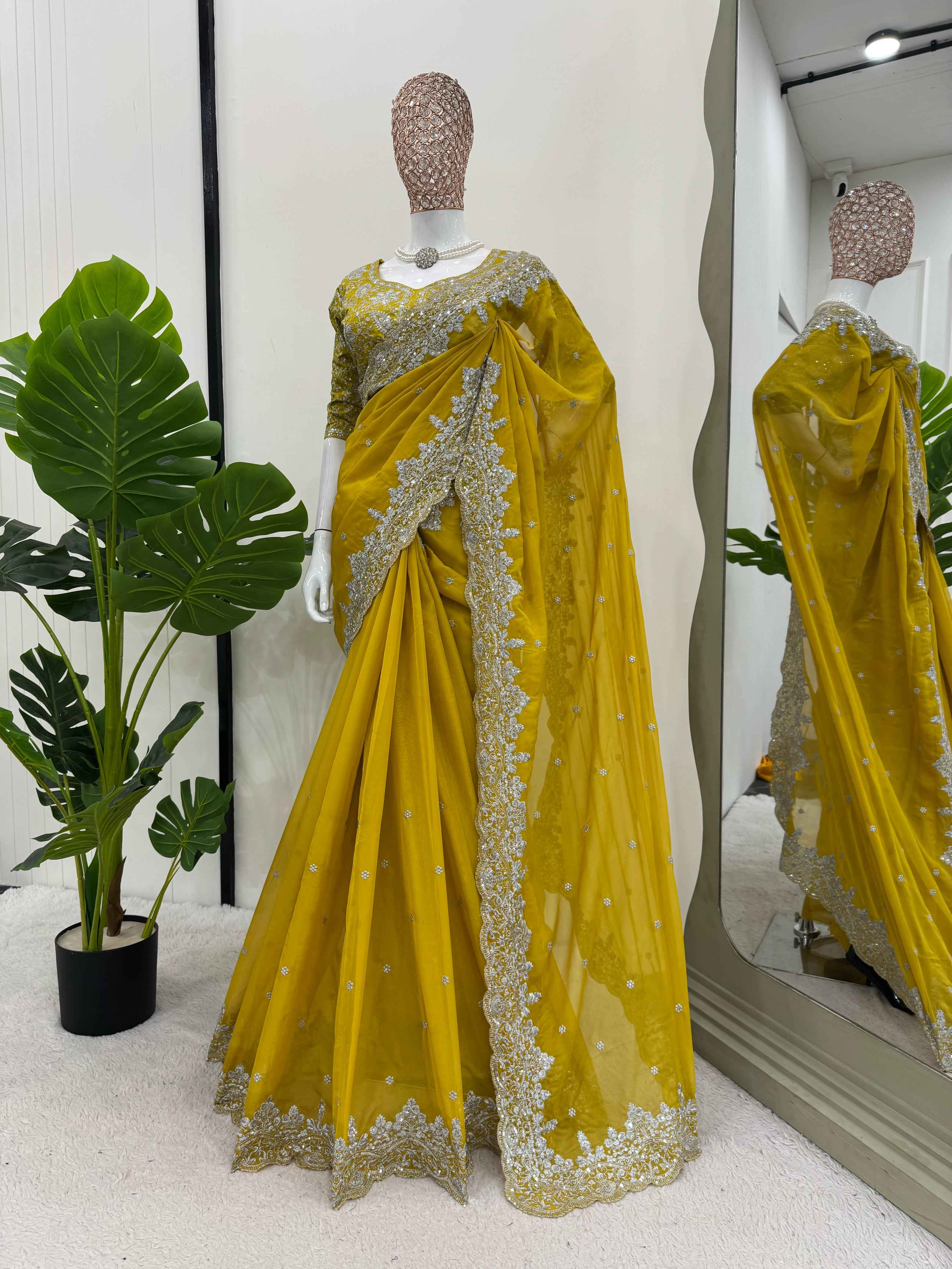 Wedding Wear Mustard Yellow Color Havy Tibby Silk Saree For Women