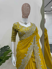 Wedding Wear Mustard Yellow Color Havy Tibby Silk Saree For Women