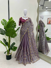 Wedding Wear Gray Color Havy Zimmy Chu Saree For Women
