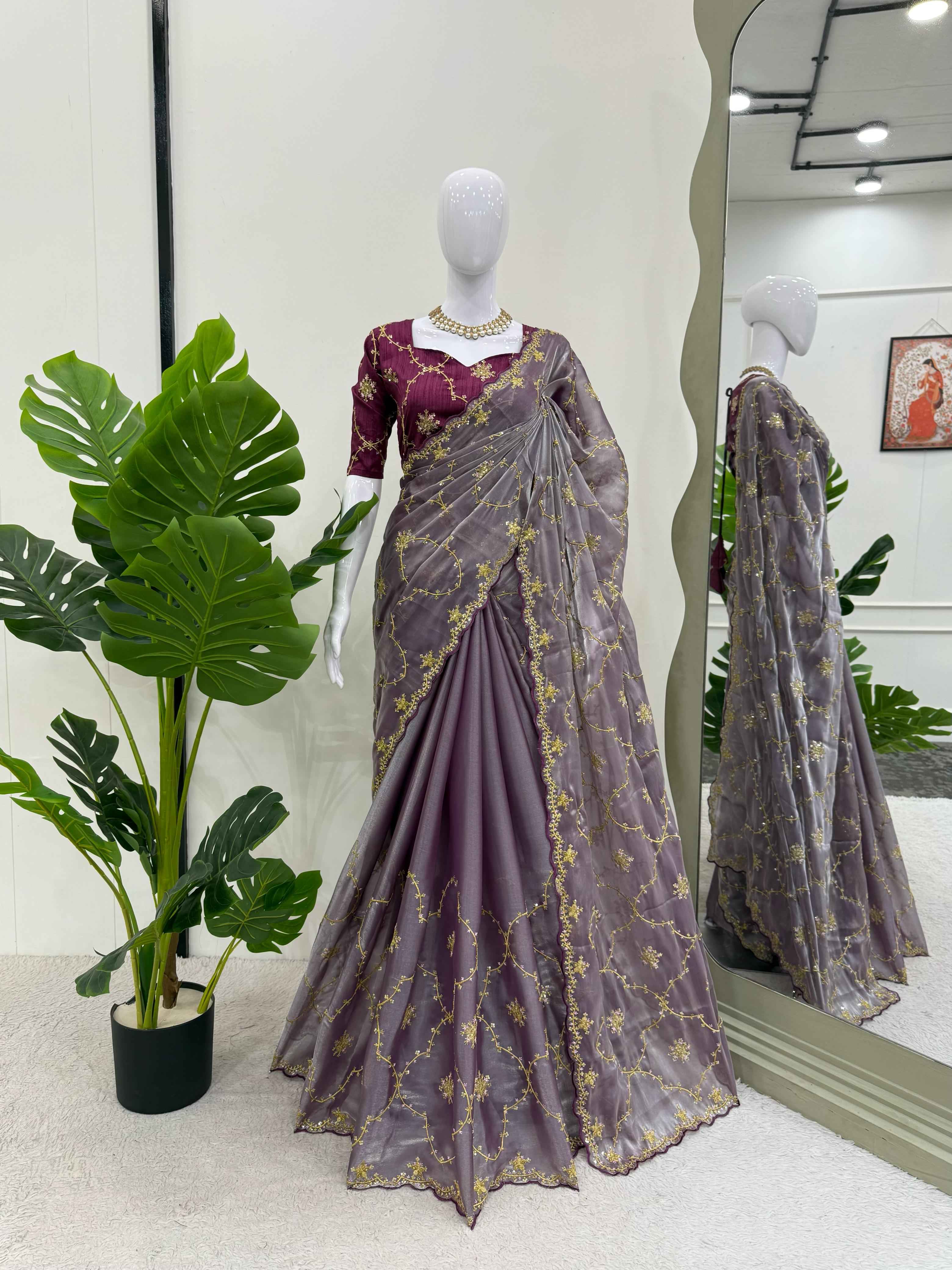 Wedding Wear Gray Color Havy Zimmy Chu Saree For Women