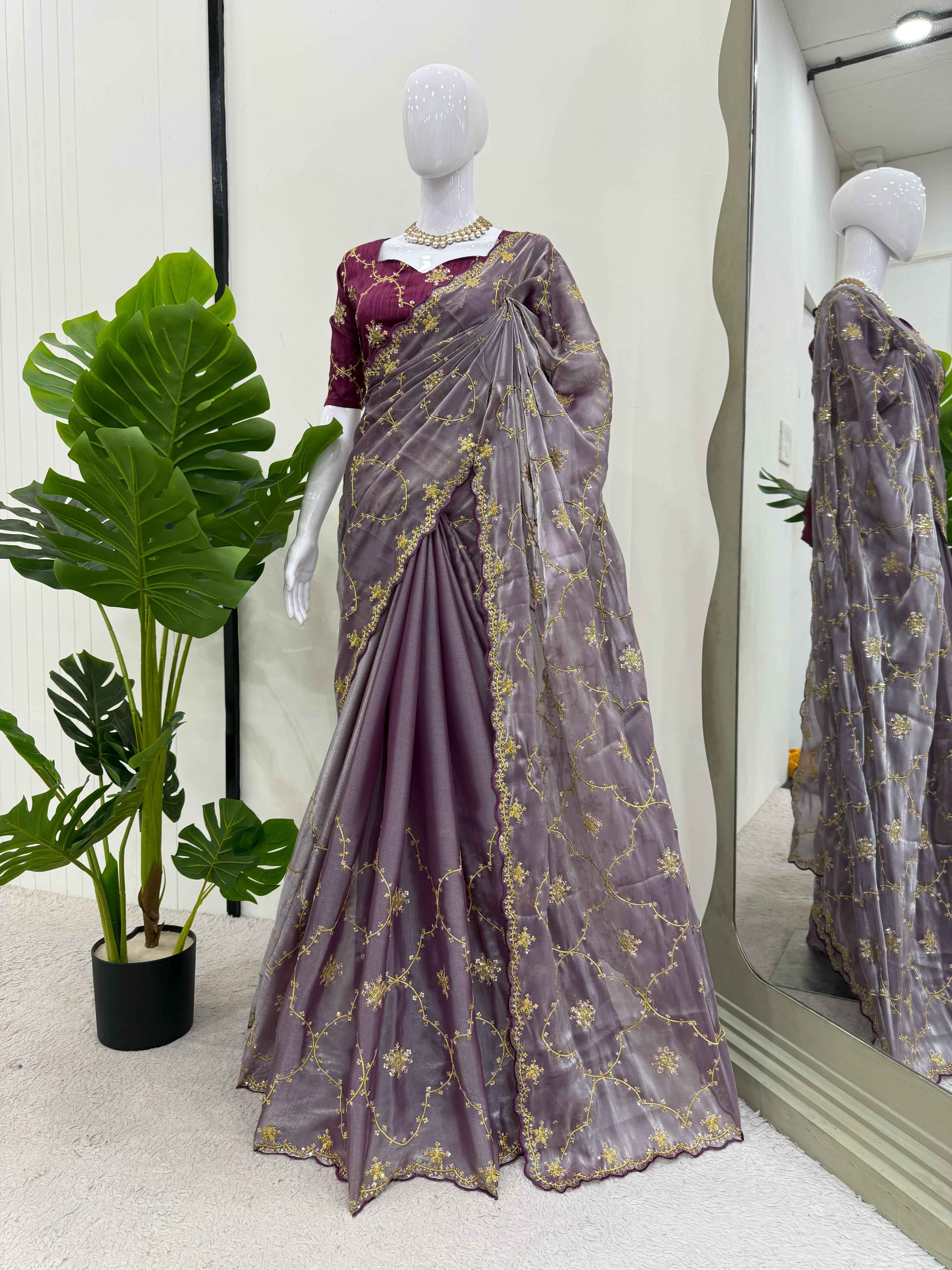 Wedding Wear Gray Color Havy Zimmy Chu Saree For Women