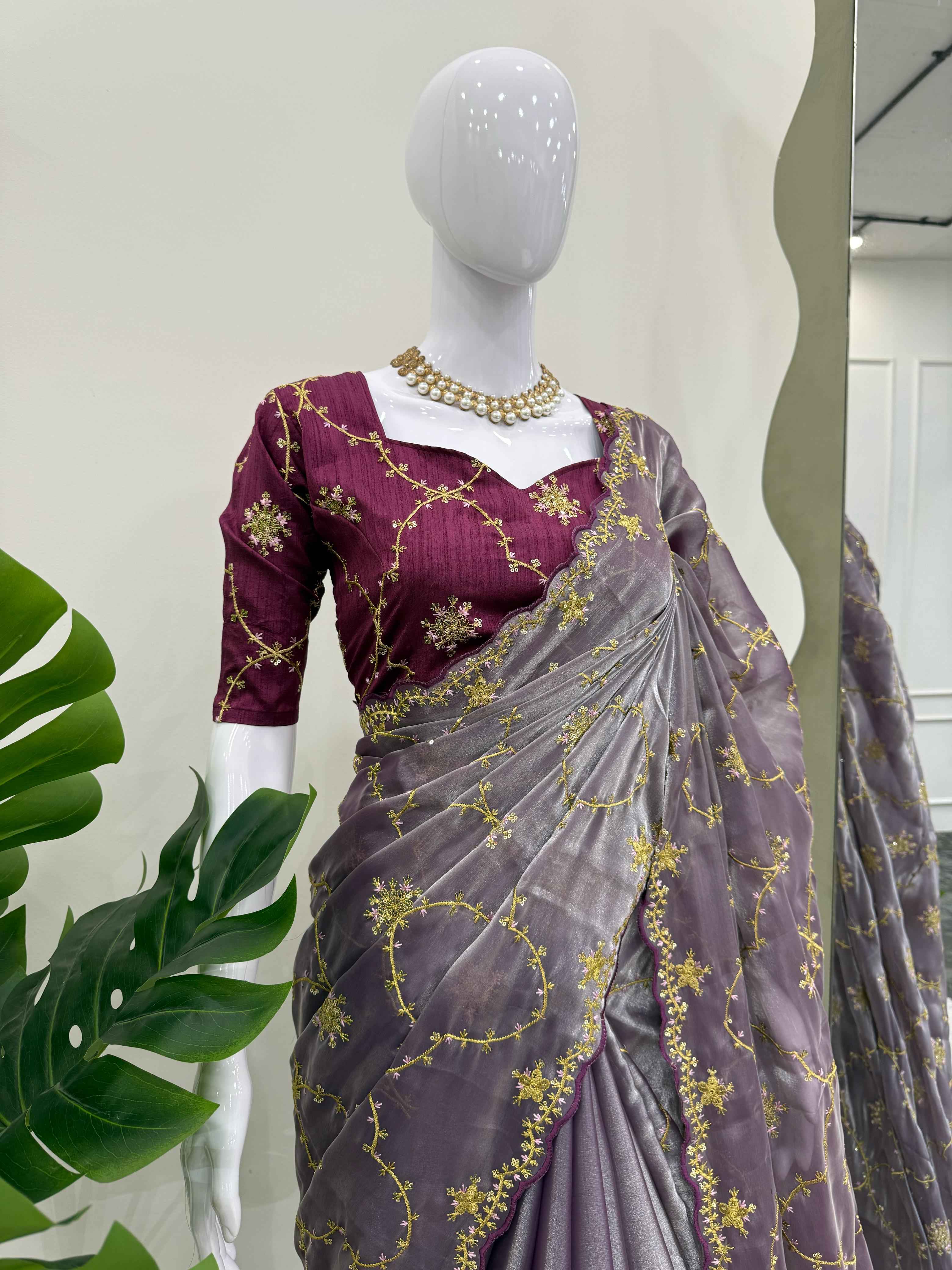 Wedding Wear Gray Color Havy Zimmy Chu Saree For Women