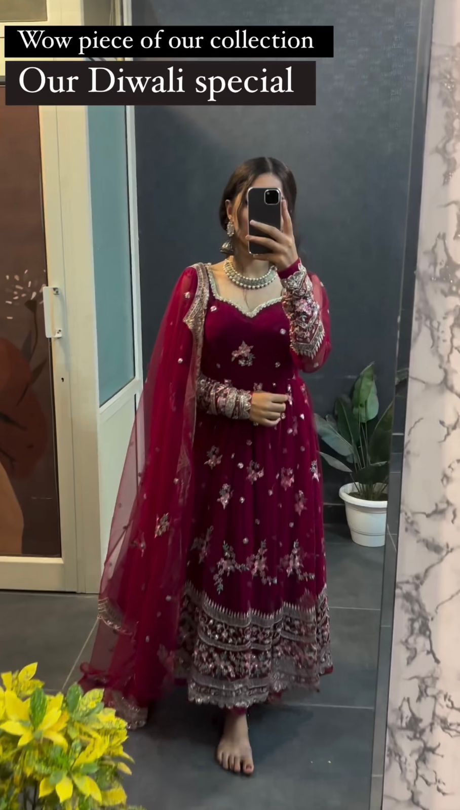 Wedding Wear Maroon Color Net Gown For Girls