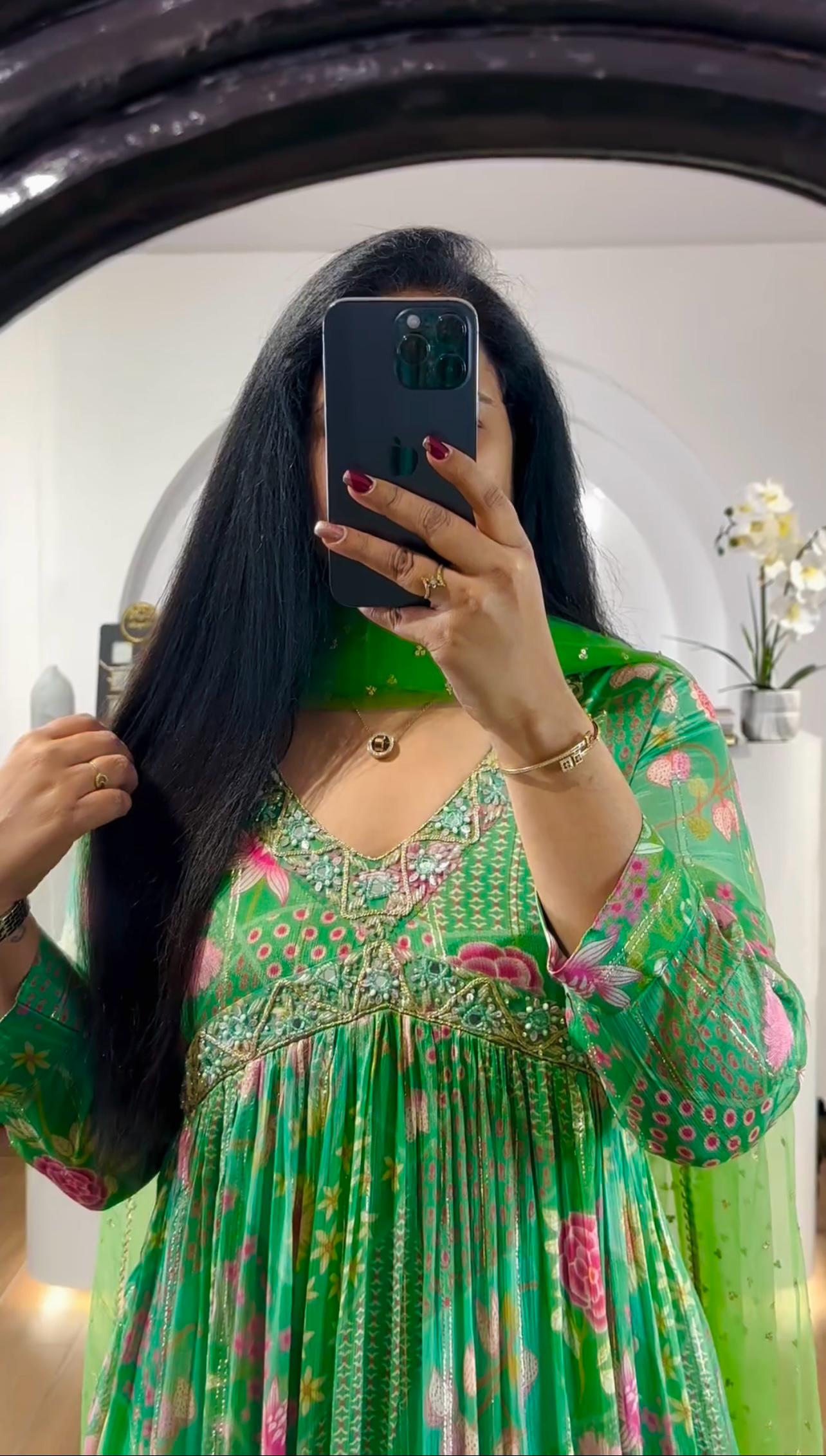 Wedding Wear Green Color Gown Dupatta For Girls