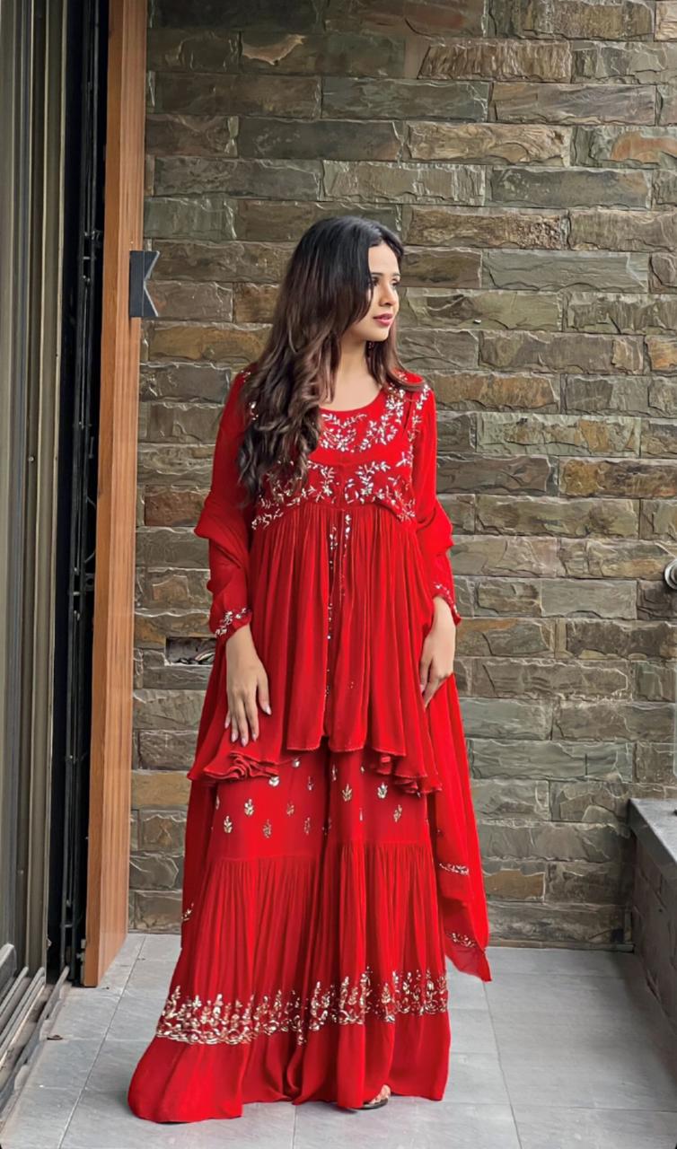 Wedding Wear Red Color Fancy Silk Suit For Girls