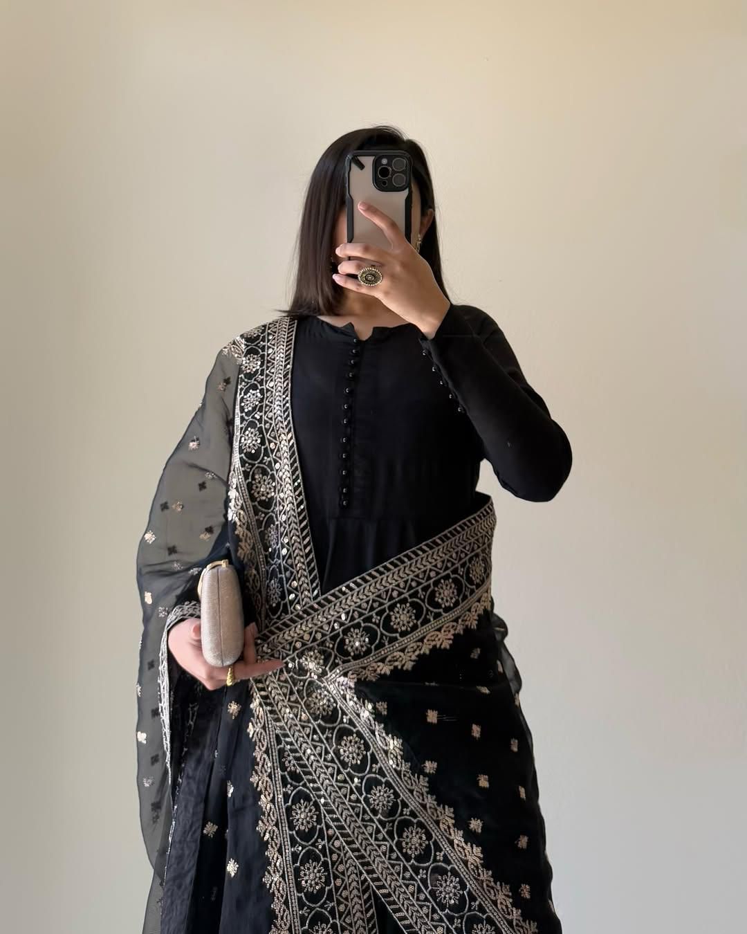 Wedding Wear Black Color Chinon Work Gown For Girls