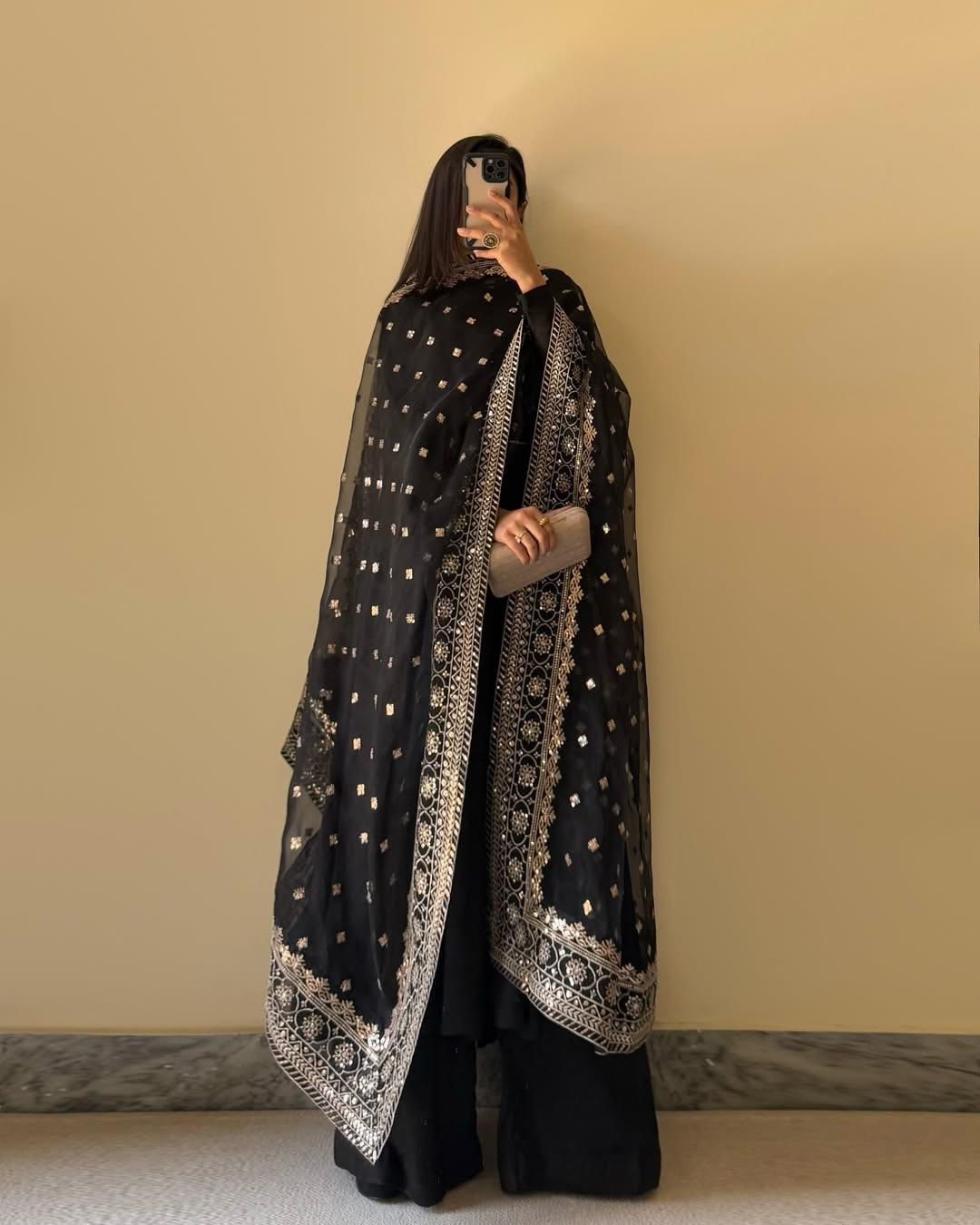 Wedding Wear Black Color Chinon Work Gown For Girls