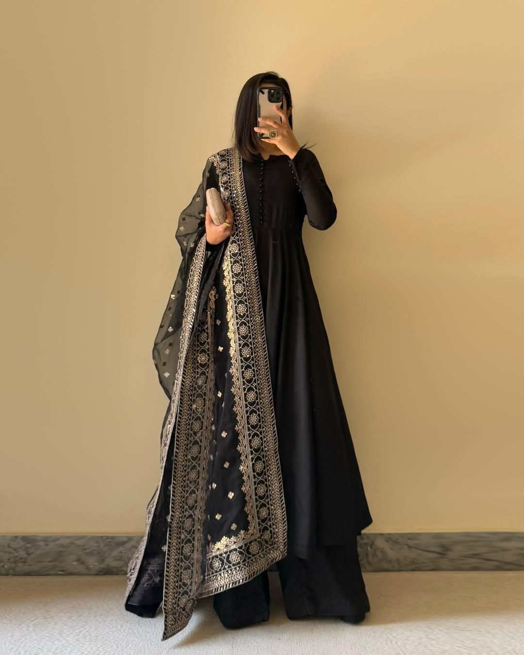 Wedding Wear Black Color Chinon Work Gown For Girls