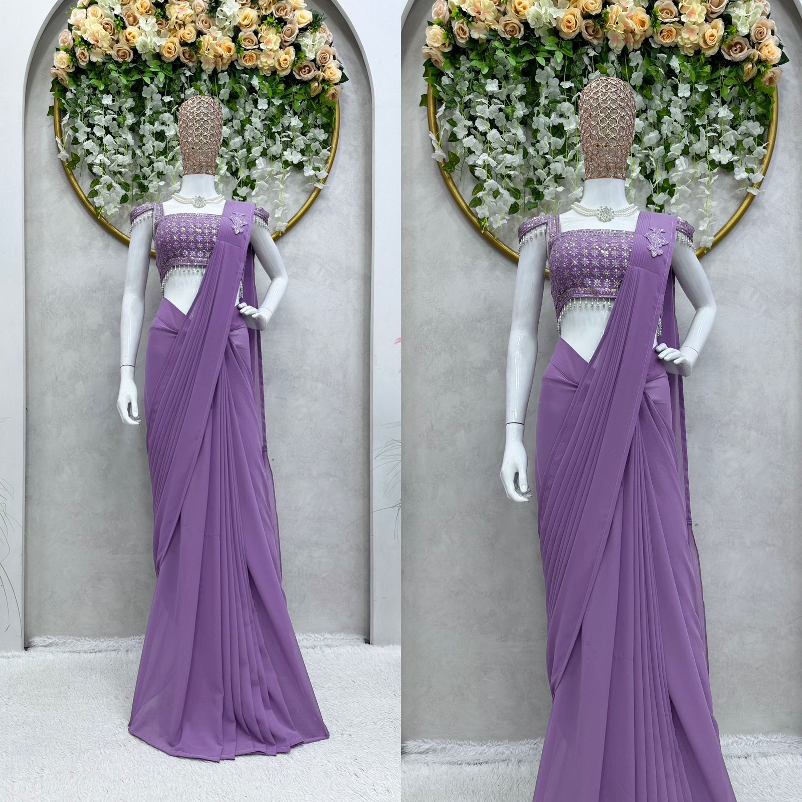 Party Wear Purple Color Foux Gorgette Saree for girls