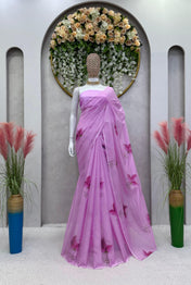 Wedding Wear Purple Color Organza With Digital Saree For Girls