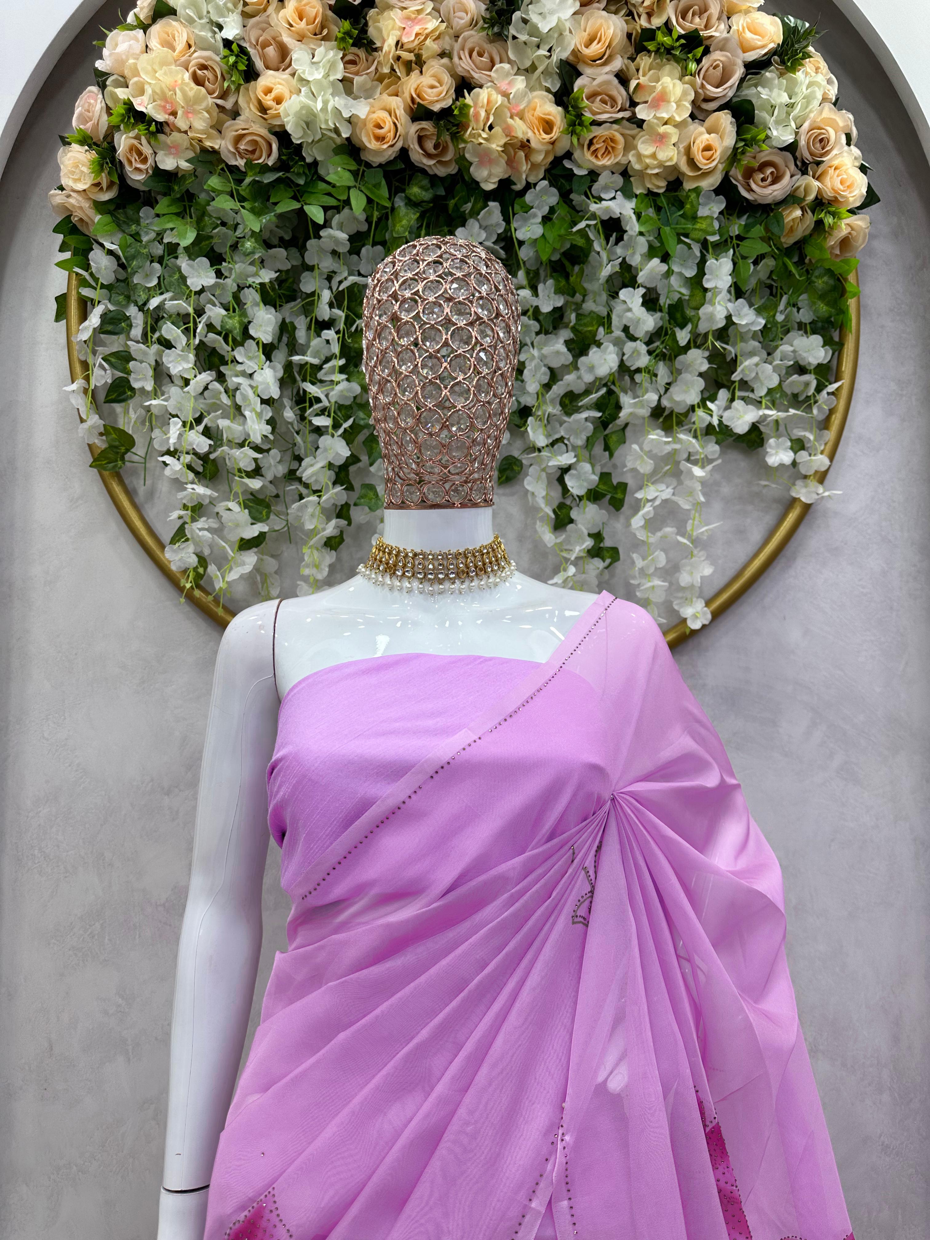 Wedding Wear Purple Color Organza With Digital Saree For Girls