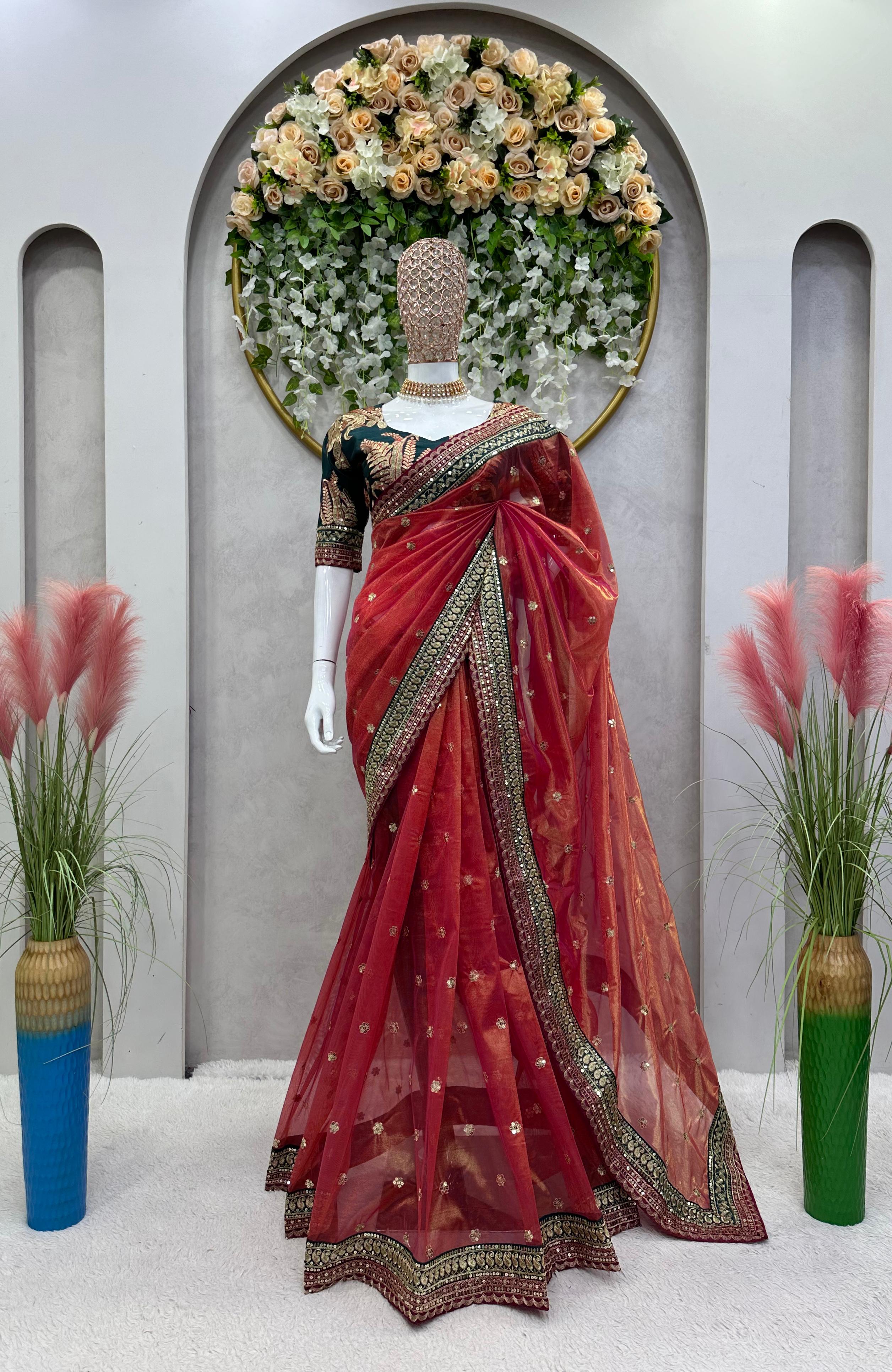 Wedding Wear Red Color Jimmy Choo Saree For Women