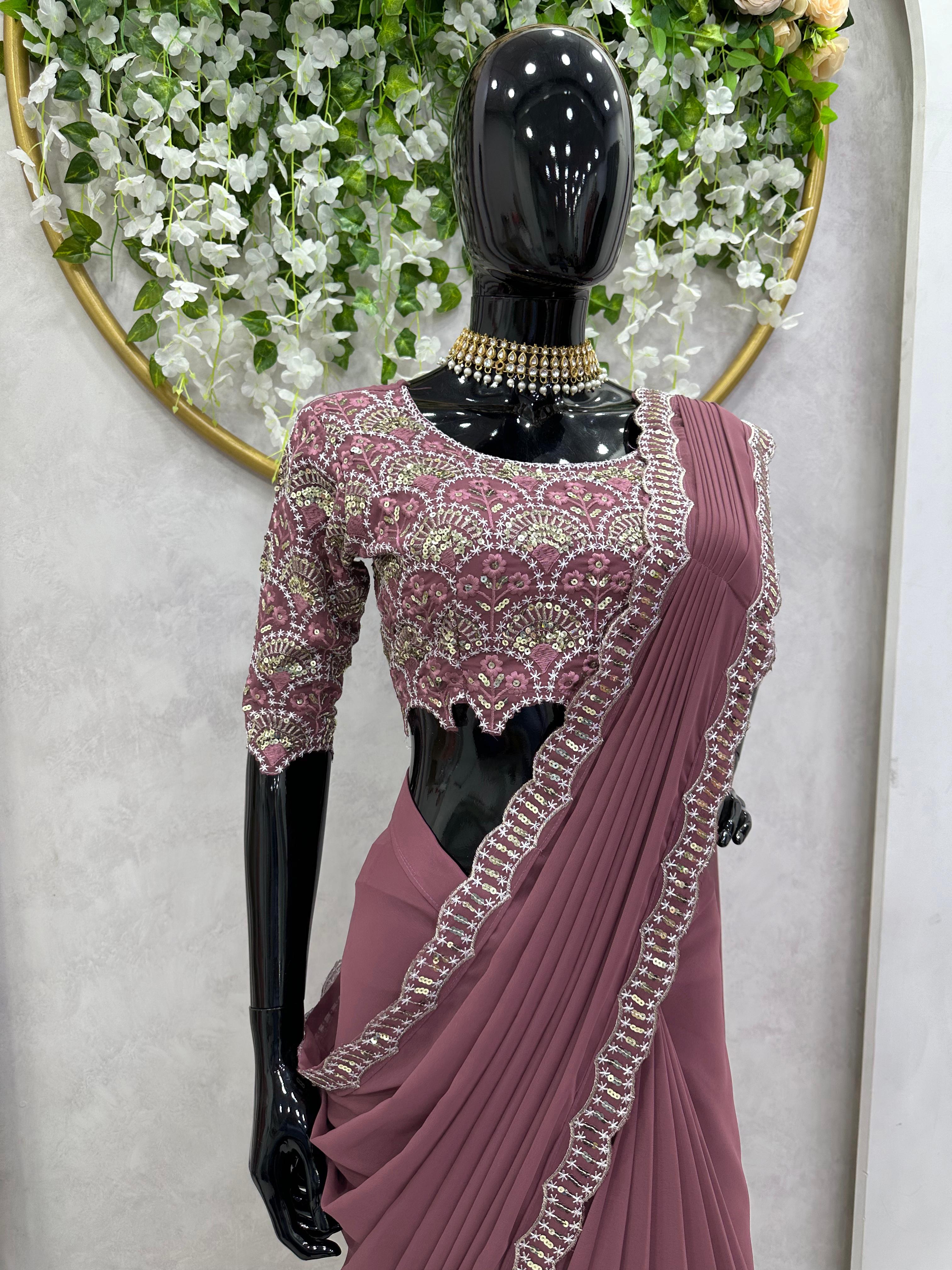 Party Wear Peach Color Faux Gorgette Saree For Women
