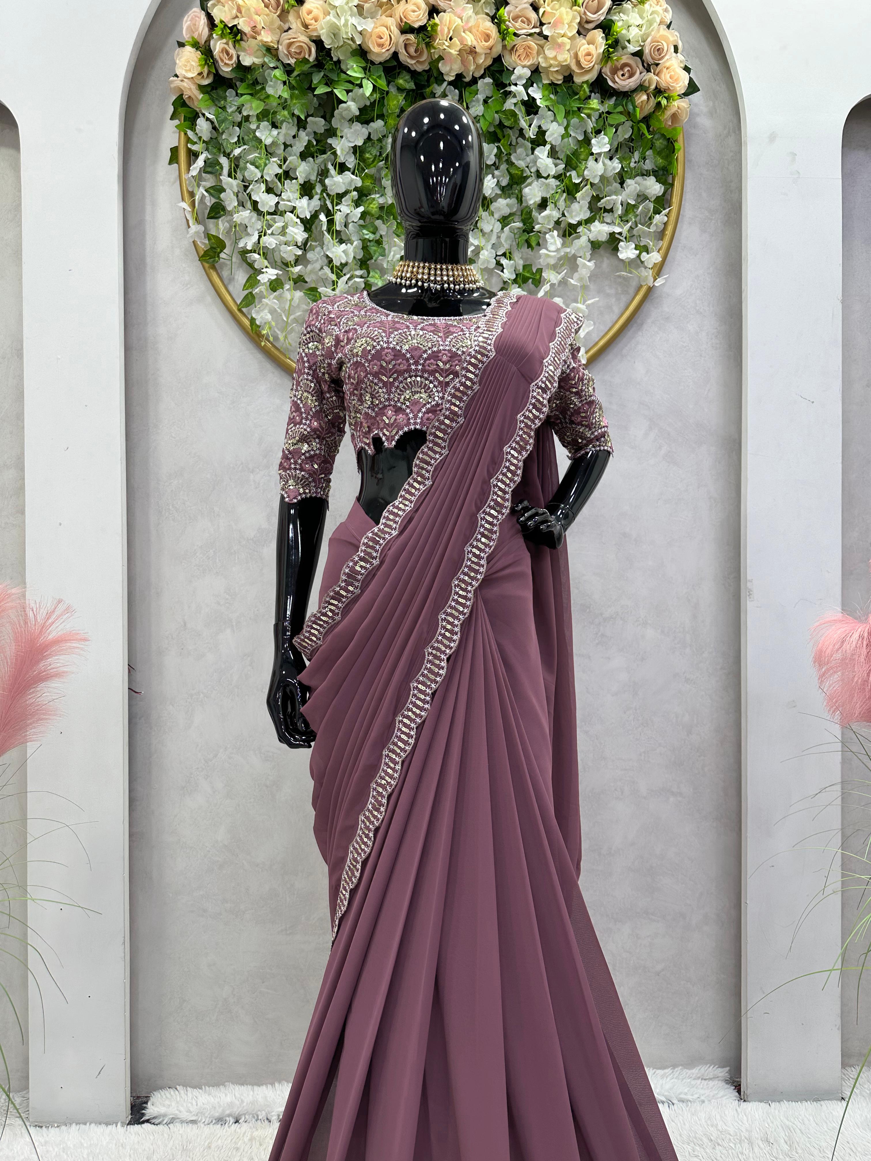 Party Wear Peach Color Faux Gorgette Saree For Women