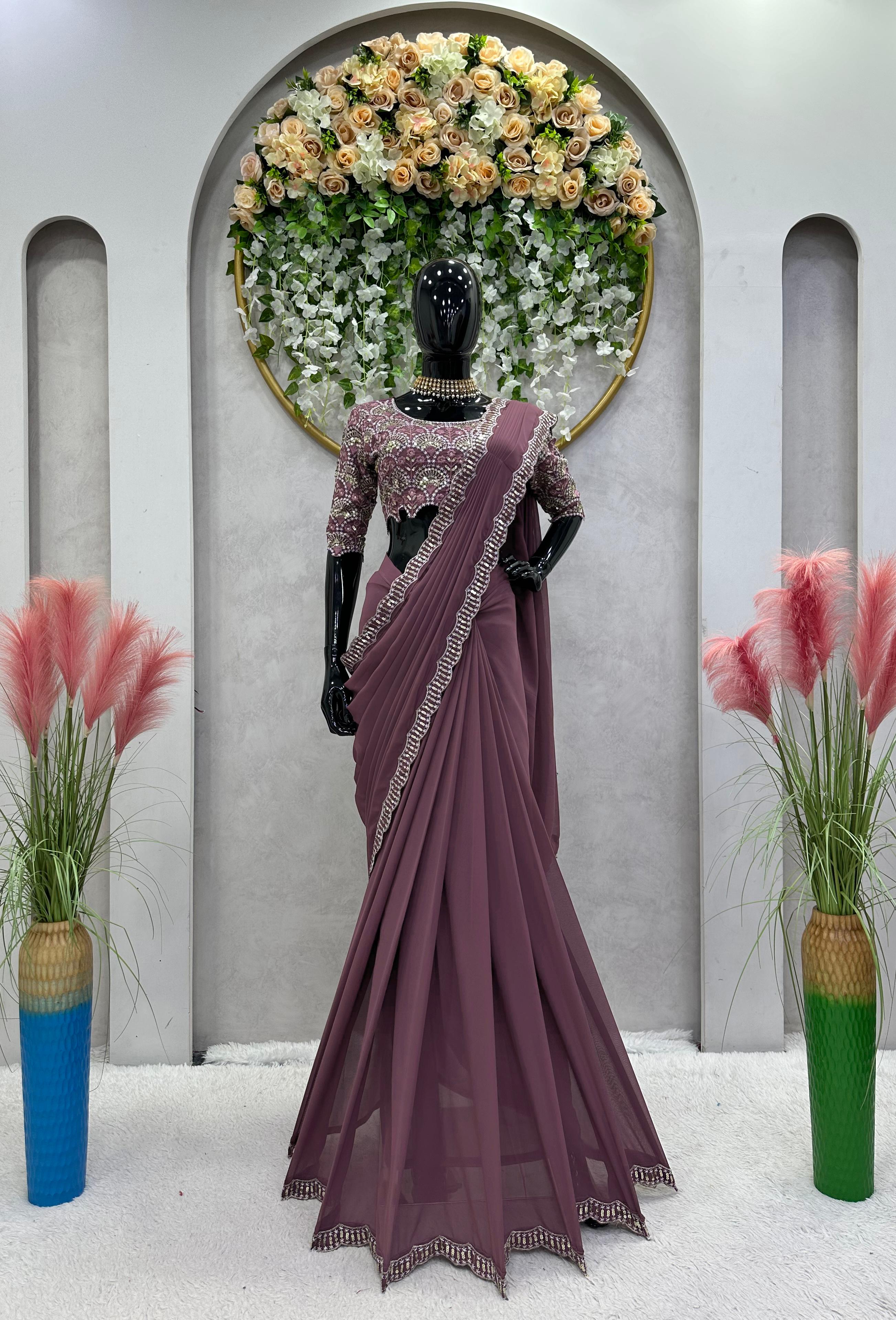 Party Wear Peach Color Faux Gorgette Saree For Women