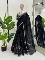 Party Wear Black Color Jimmy Chu Saree For Girls