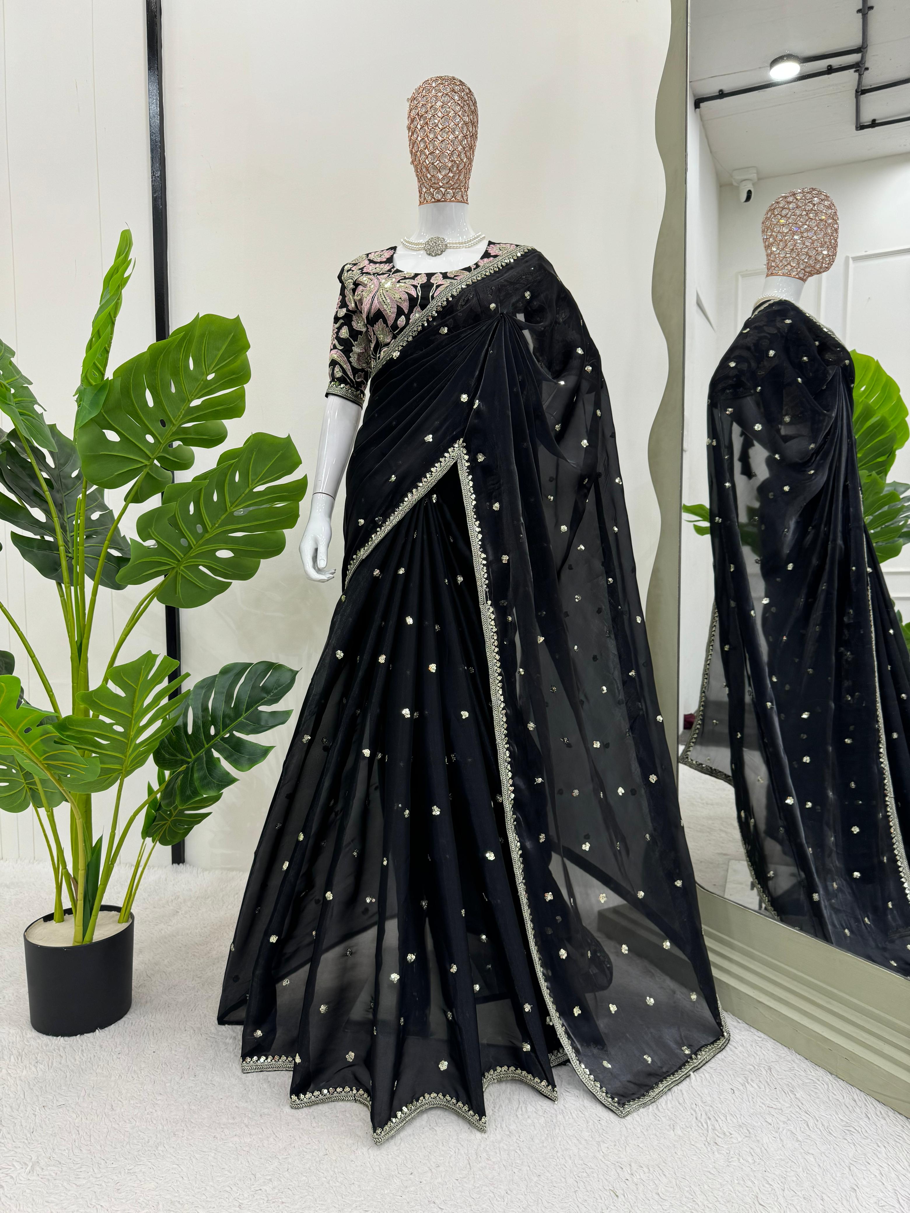 Party Wear Black Color Jimmy Chu Saree For Girls