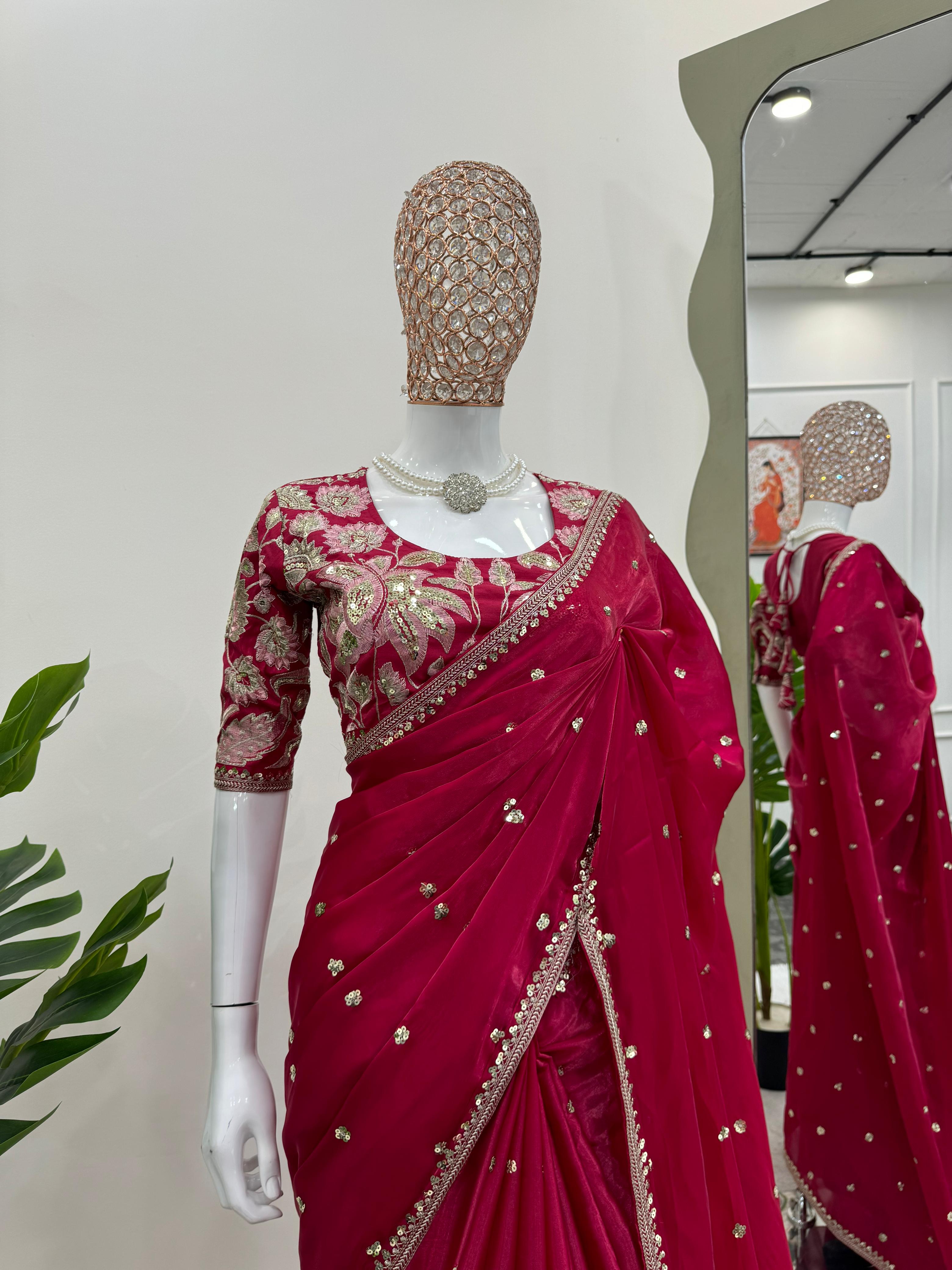 Wedding Wear Red Color Jimmy Chu Saree For Girls