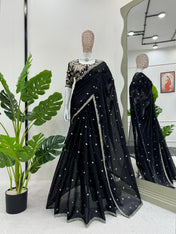 Party Wear Black Color Jimmy Chu Saree For Girls
