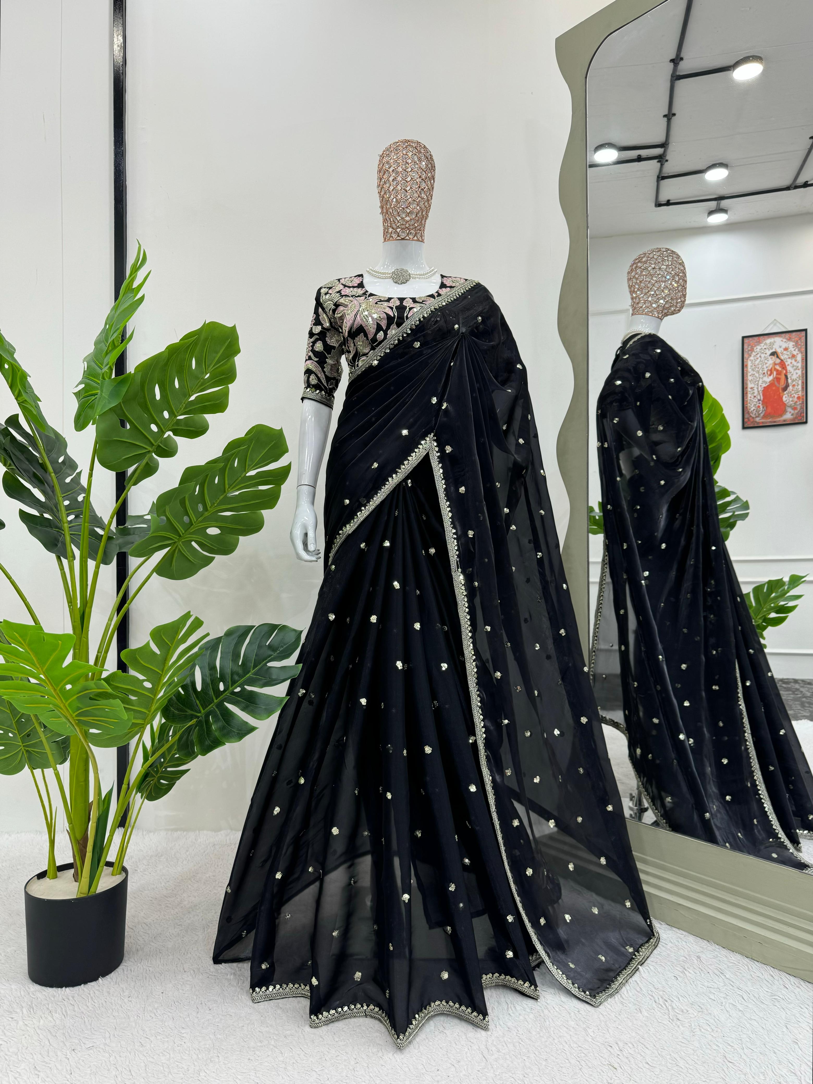 Party Wear Black Color Jimmy Chu Saree For Girls