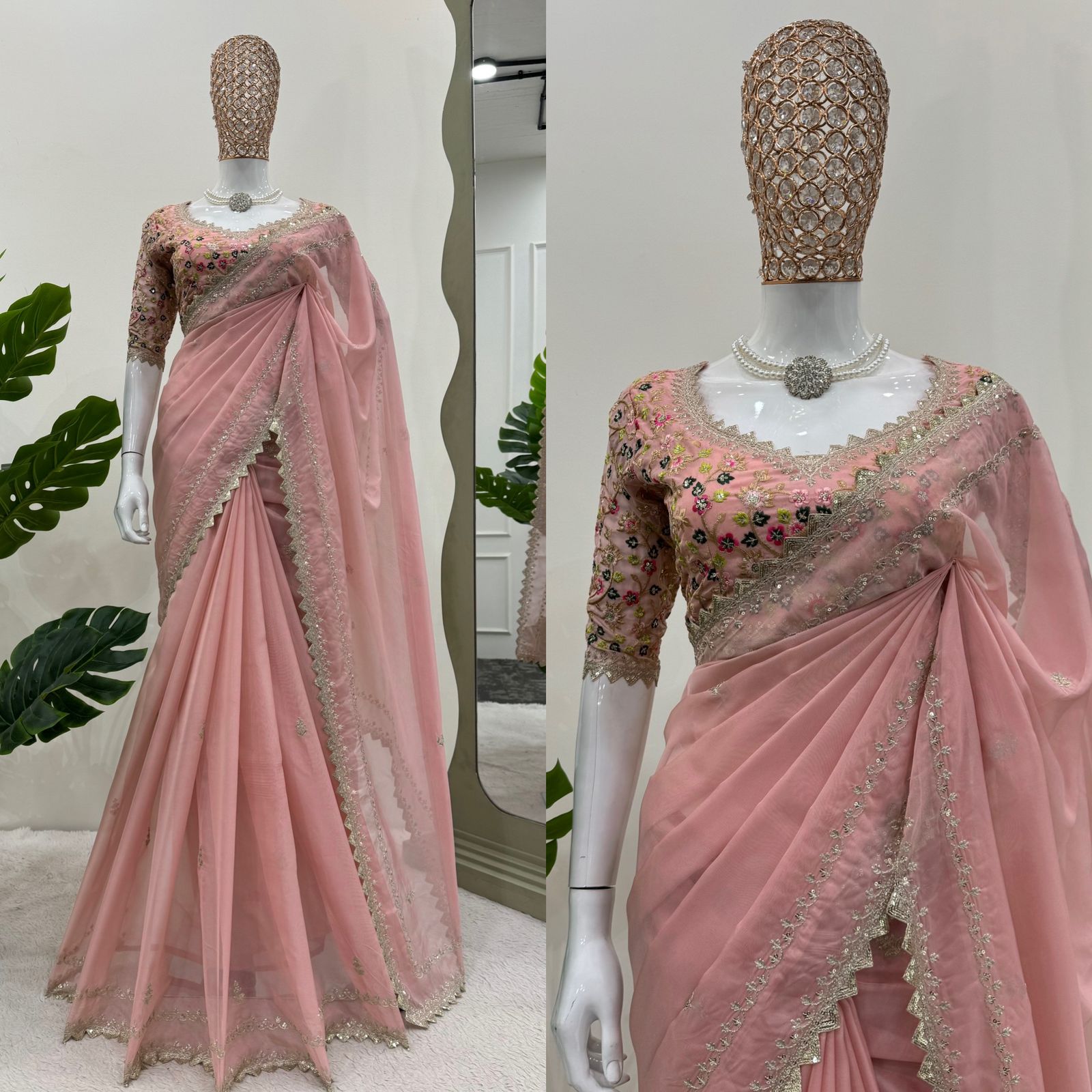 Party Wear Peach Color Tibby Silk Saree For Girls