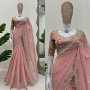 Party Wear Peach Color Tibby Silk Saree For Girls