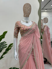 Party Wear Peach Color Tibby Silk Saree For Girls