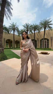 Party Wear Cream Color Japan Satin Silk Saree For Girls