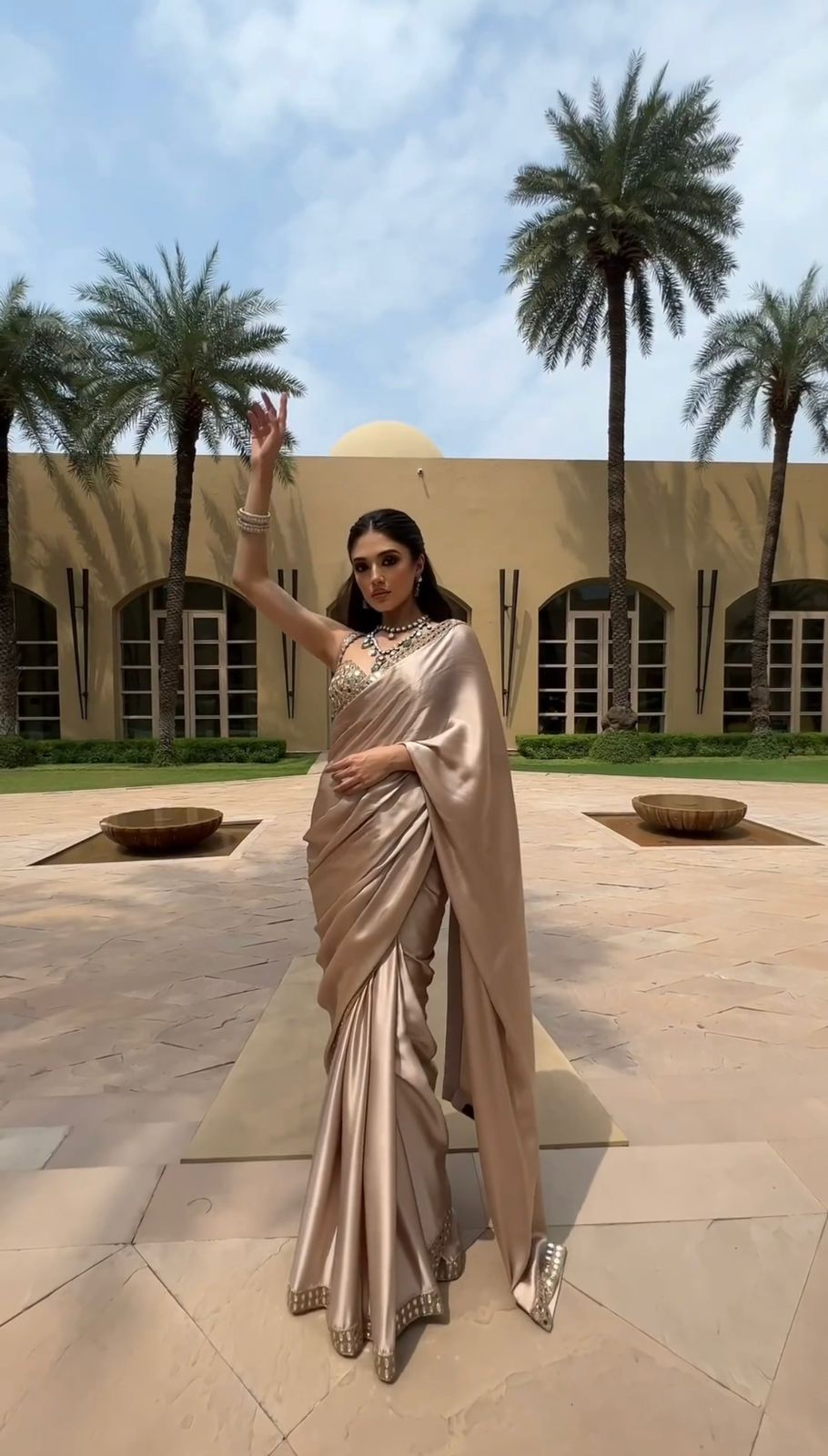 Party Wear Cream Color Japan Satin Silk Saree For Girls