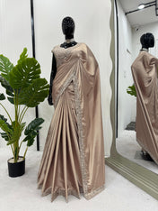 Party Wear Cream Color Japan Satin Silk Saree For Girls