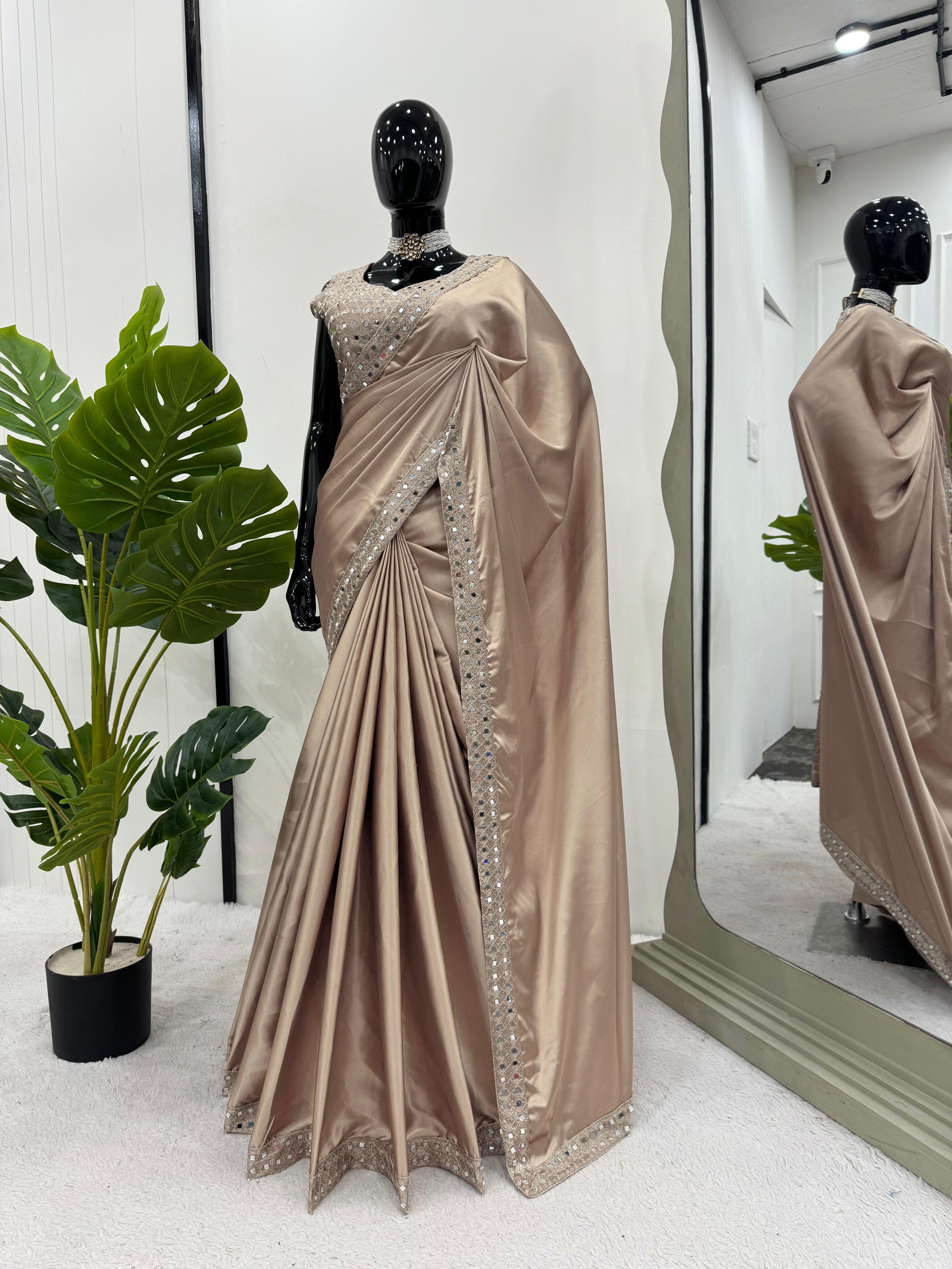 Party Wear Cream Color Japan Satin Silk Saree For Girls