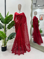 Wedding Wear Red Color Soft Net Saree For Girls