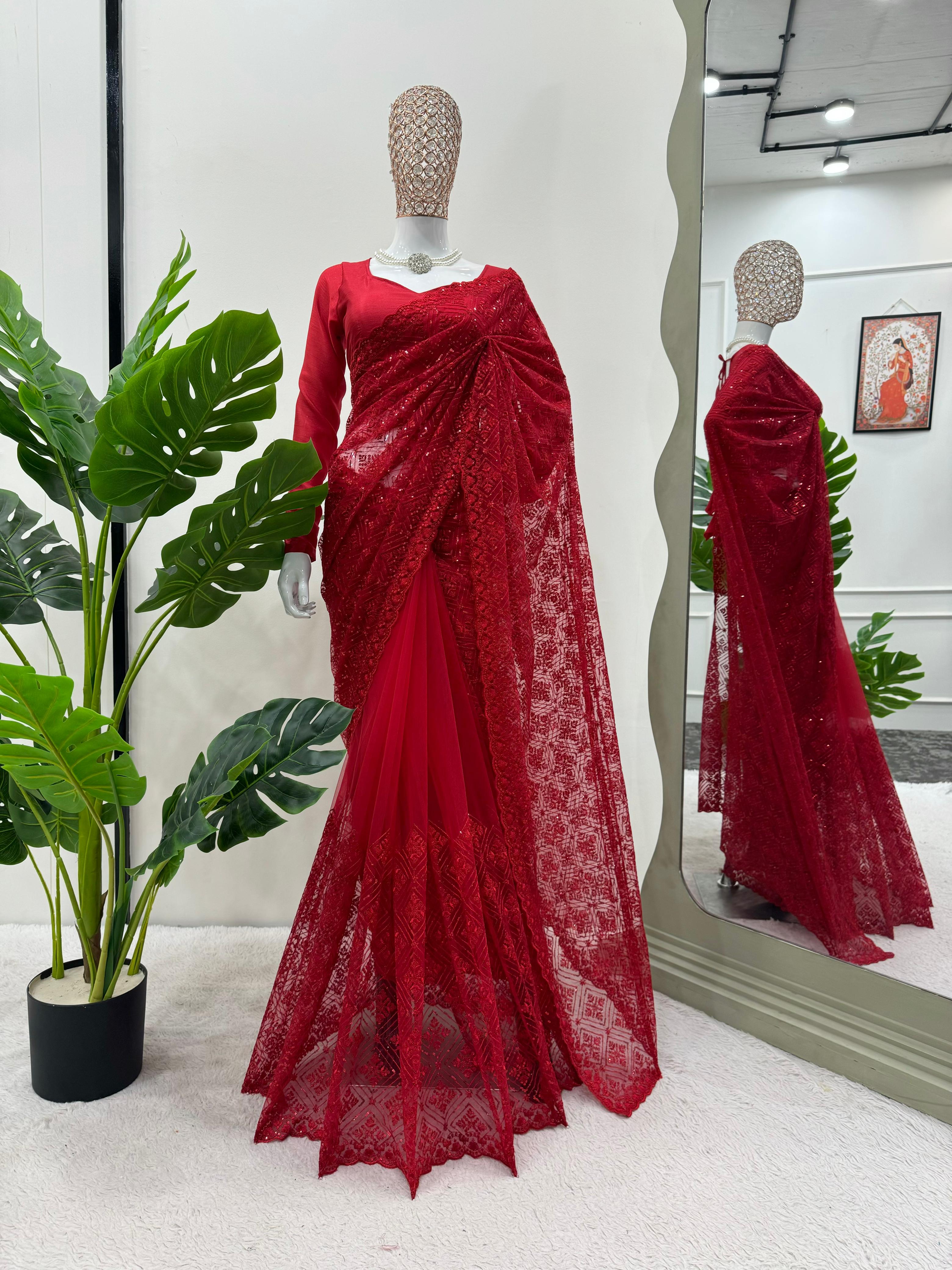 Wedding Wear Red Color Soft Net Saree For Girls