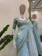 Wedding Wear Sky Blue Color Tibby Silk Saree For Girls